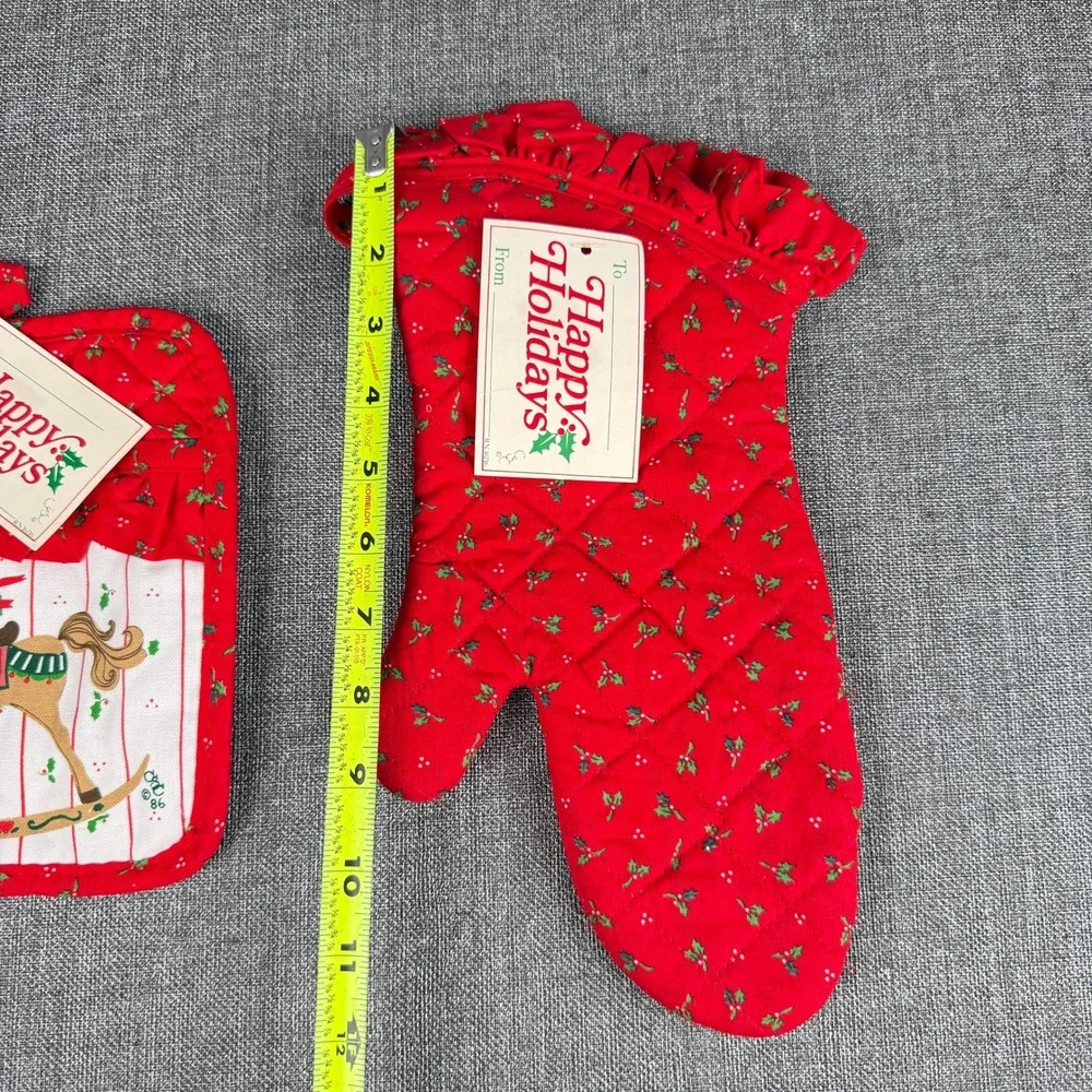 Vintage 1986 Christmas Rocking Horse Pot Holder Oven Mitt Set Hiliday Gift